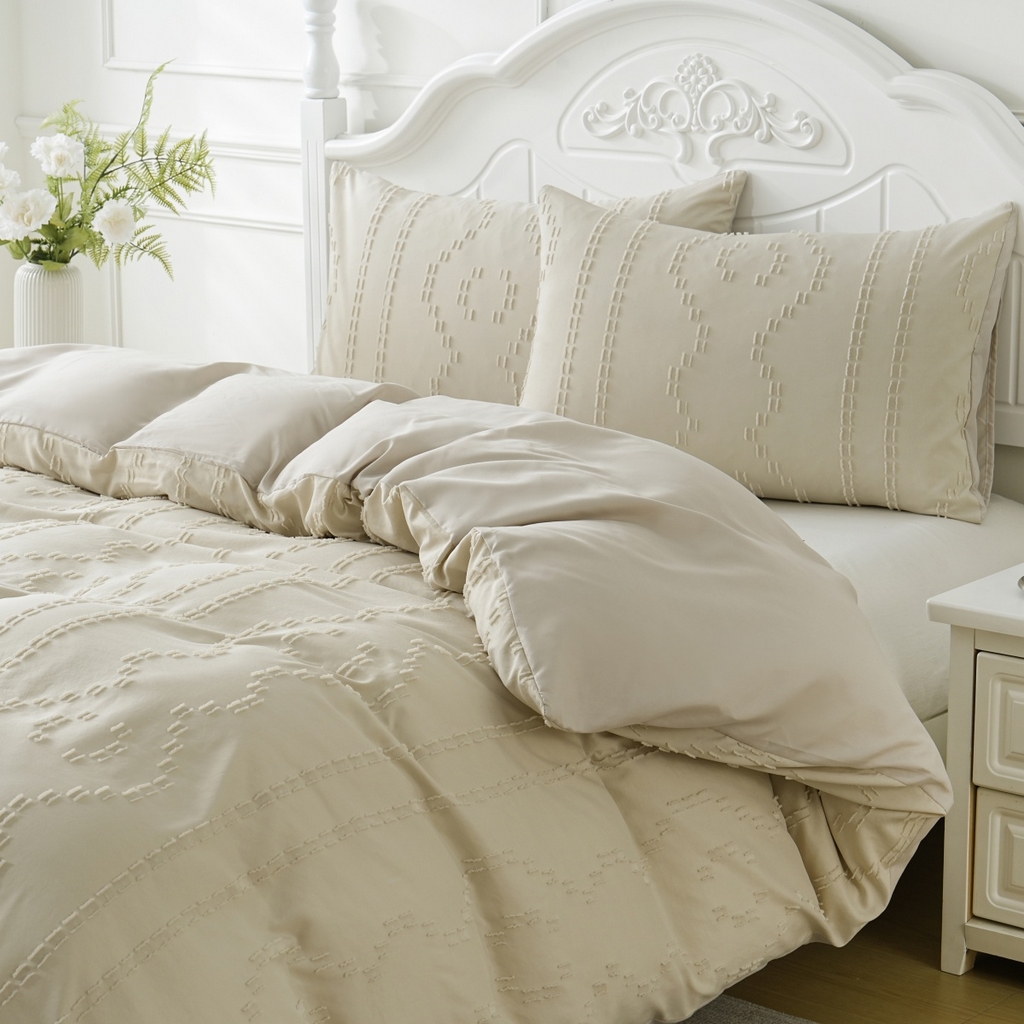 91家纺网 家纺一手货源 找家纺 子不语家纺2025新款跨境外贸 剪花簇绒纯色三件套亚马逊Temu速卖 通Shein沃尔玛专供 波浪竖条米白