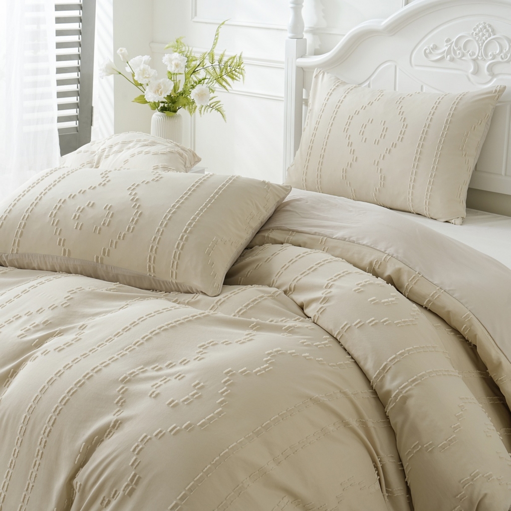 91家纺网 家纺一手货源 找家纺 子不语家纺2025新款跨境外贸 剪花簇绒纯色三件套亚马逊Temu速卖 通Shein沃尔玛专供 波浪竖条米白