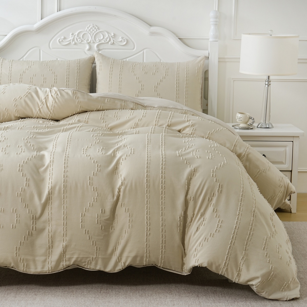 91家纺网 家纺一手货源 找家纺 子不语家纺2025新款跨境外贸 剪花簇绒纯色三件套亚马逊Temu速卖 通Shein沃尔玛专供 波浪竖条米白