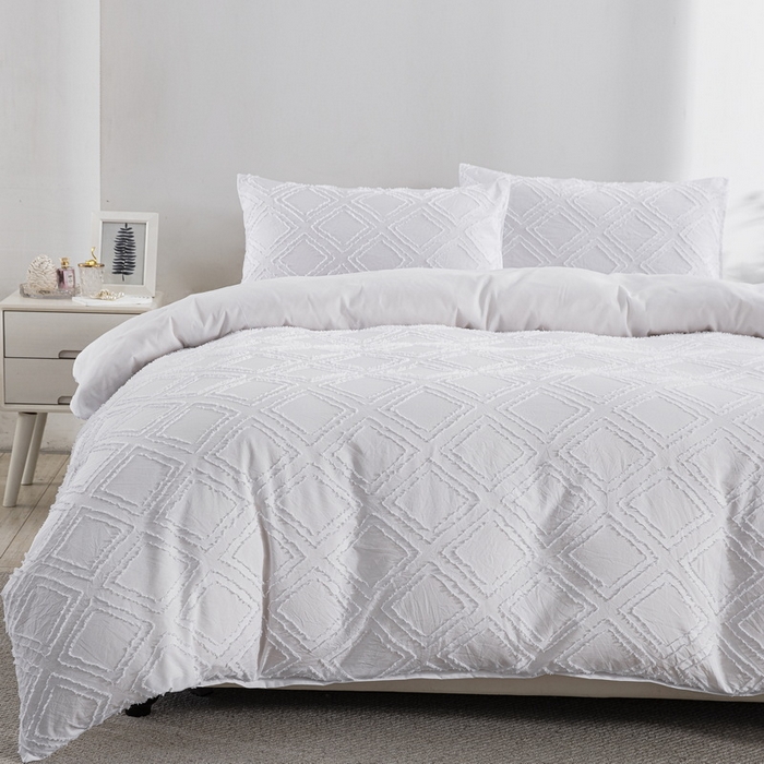 91家纺网 家纺一手货源 找家纺 子不语家纺2025新款跨境外贸 剪花簇绒纯色三件套亚马逊Temu速卖 通Shein沃尔玛专供 菱形白