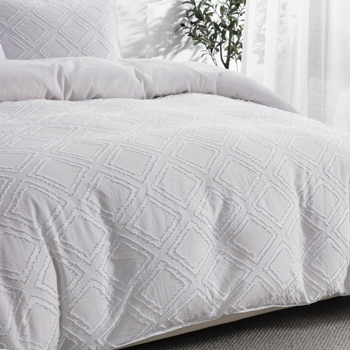 91家纺网 家纺一手货源 找家纺 子不语家纺2025新款跨境外贸 剪花簇绒纯色三件套亚马逊Temu速卖 通Shein沃尔玛专供 菱形白