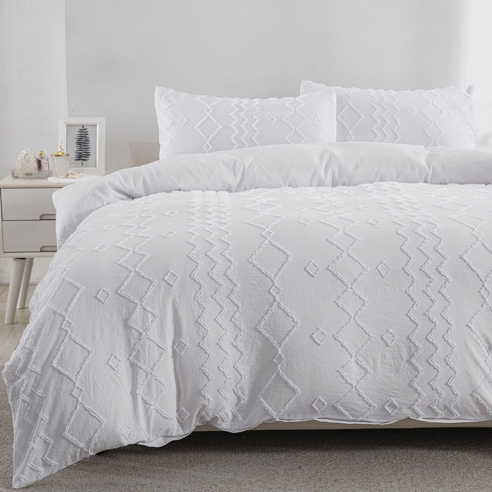 91家纺网 家纺一手货源 找家纺 子不语家纺2025新款跨境外贸 剪花簇绒纯色三件套亚马逊Temu速卖 通Shein沃尔玛专供 菱形波浪白