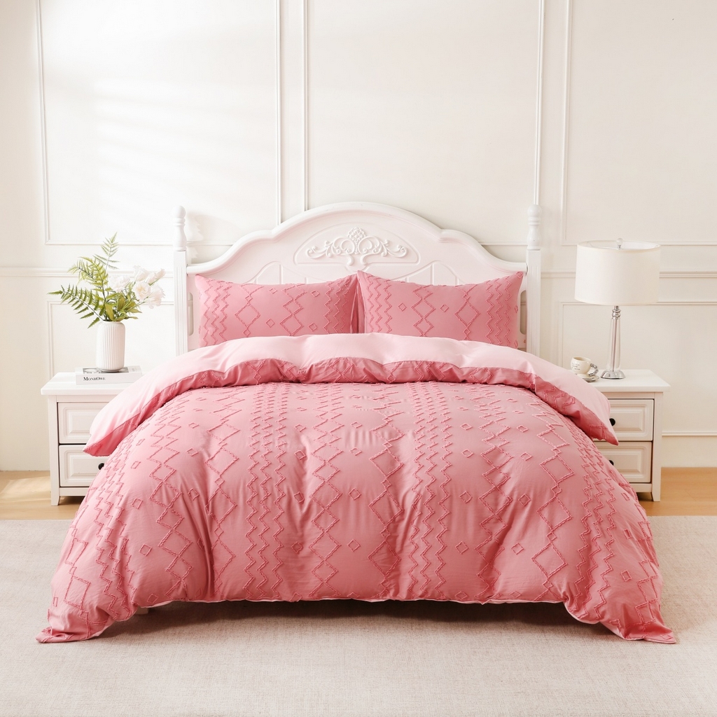 子不语家纺2025新款跨境外贸 剪花簇绒纯色三件套亚马逊Temu速卖 通Shein沃尔玛专供 菱形波浪粉