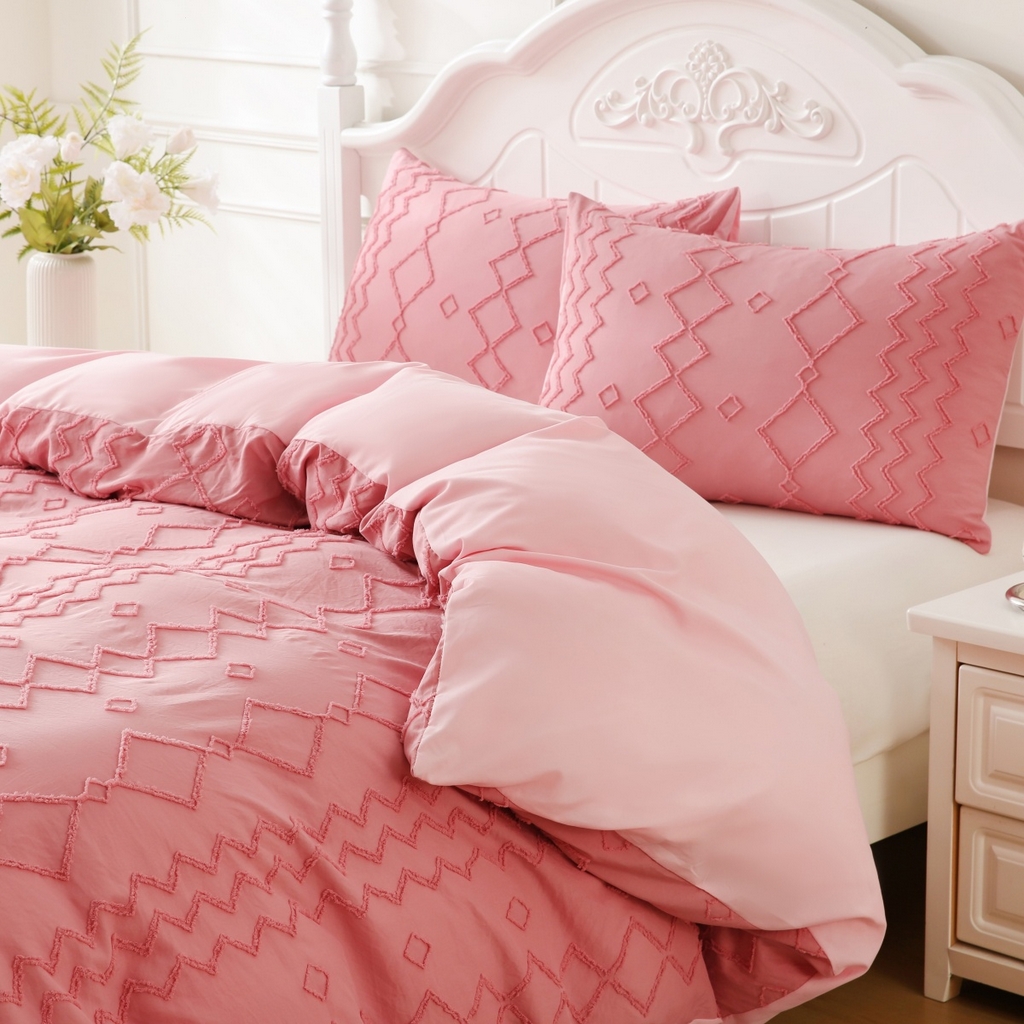 91家纺网 家纺一手货源 找家纺 子不语家纺2025新款跨境外贸 剪花簇绒纯色三件套亚马逊Temu速卖 通Shein沃尔玛专供 菱形波浪粉