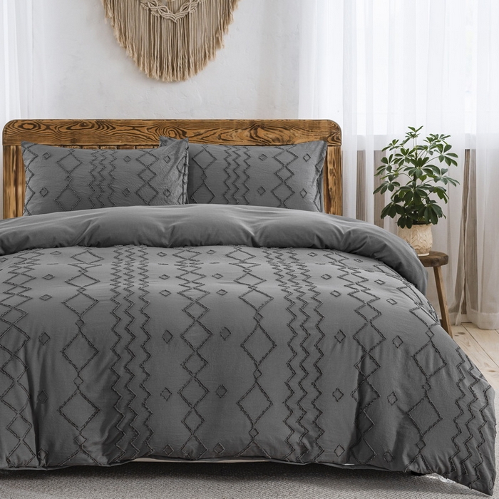 91家纺网 家纺一手货源 找家纺 子不语家纺2025新款跨境外贸 剪花簇绒纯色三件套亚马逊Temu速卖 通Shein沃尔玛专供 菱形波浪深灰