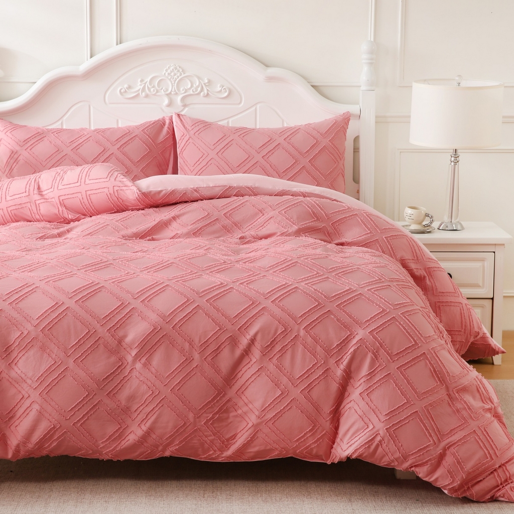 91家纺网 家纺一手货源 找家纺 子不语家纺2025新款跨境外贸 剪花簇绒纯色三件套亚马逊Temu速卖 通Shein沃尔玛专供 菱形粉