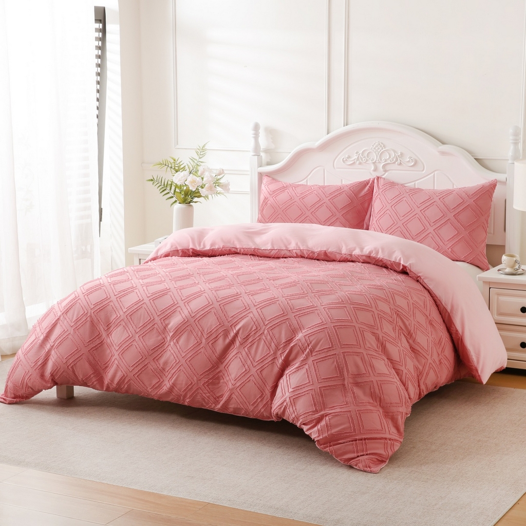 91家纺网 家纺一手货源 找家纺 子不语家纺2025新款跨境外贸 剪花簇绒纯色三件套亚马逊Temu速卖 通Shein沃尔玛专供 菱形粉