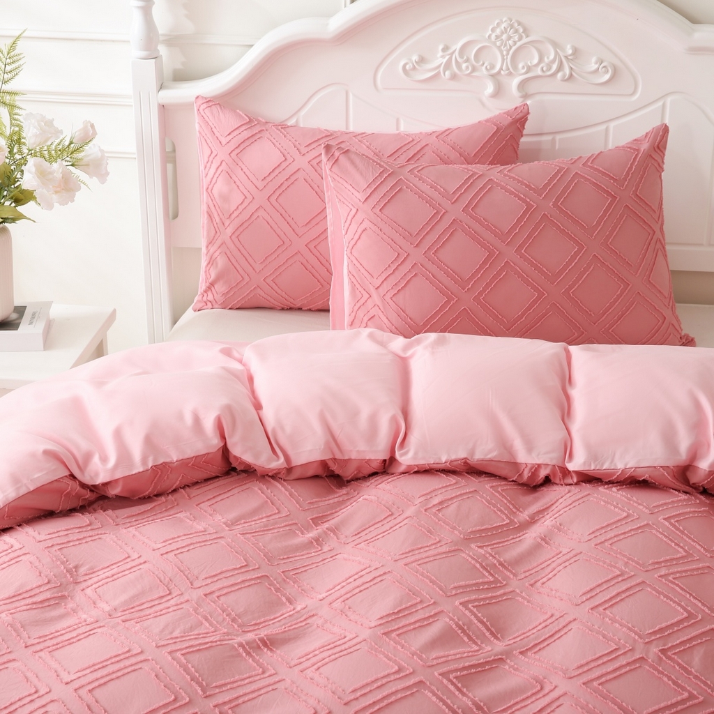 91家纺网 家纺一手货源 找家纺 子不语家纺2025新款跨境外贸 剪花簇绒纯色三件套亚马逊Temu速卖 通Shein沃尔玛专供 菱形粉