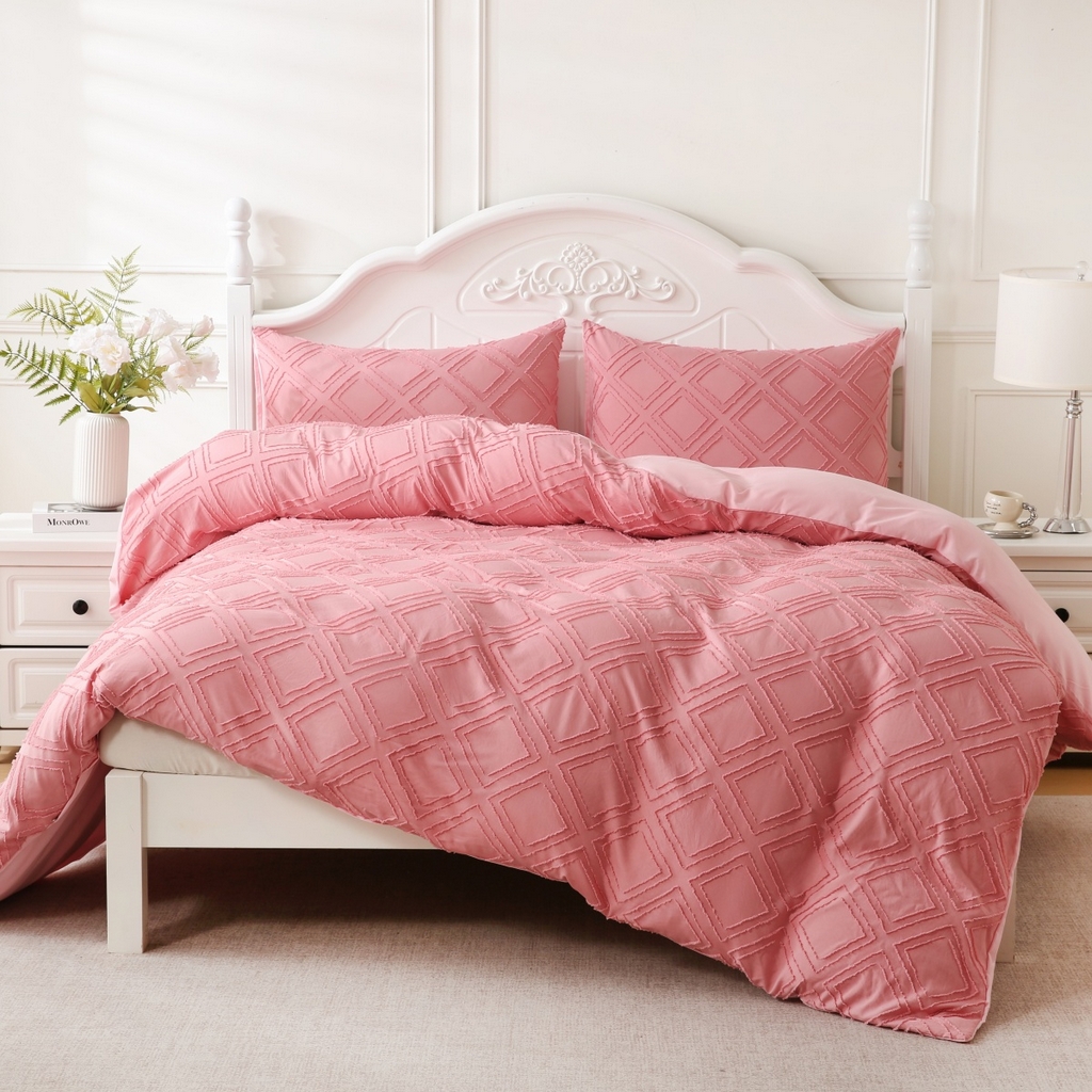 91家纺网 家纺一手货源 找家纺 子不语家纺2025新款跨境外贸 剪花簇绒纯色三件套亚马逊Temu速卖 通Shein沃尔玛专供 菱形粉