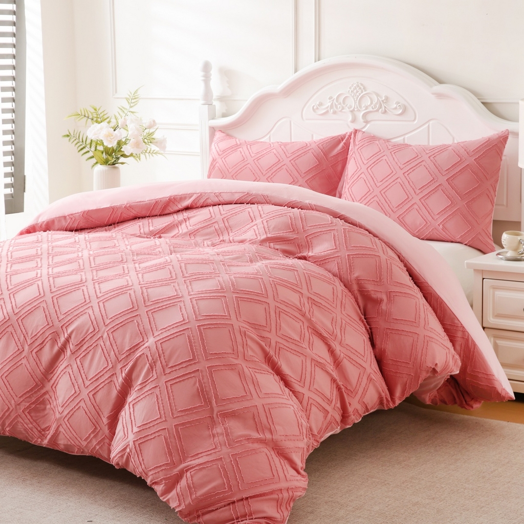 91家纺网 家纺一手货源 找家纺 子不语家纺2025新款跨境外贸 剪花簇绒纯色三件套亚马逊Temu速卖 通Shein沃尔玛专供 菱形粉