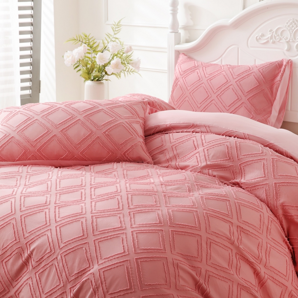 91家纺网 家纺一手货源 找家纺 子不语家纺2025新款跨境外贸 剪花簇绒纯色三件套亚马逊Temu速卖 通Shein沃尔玛专供 菱形粉