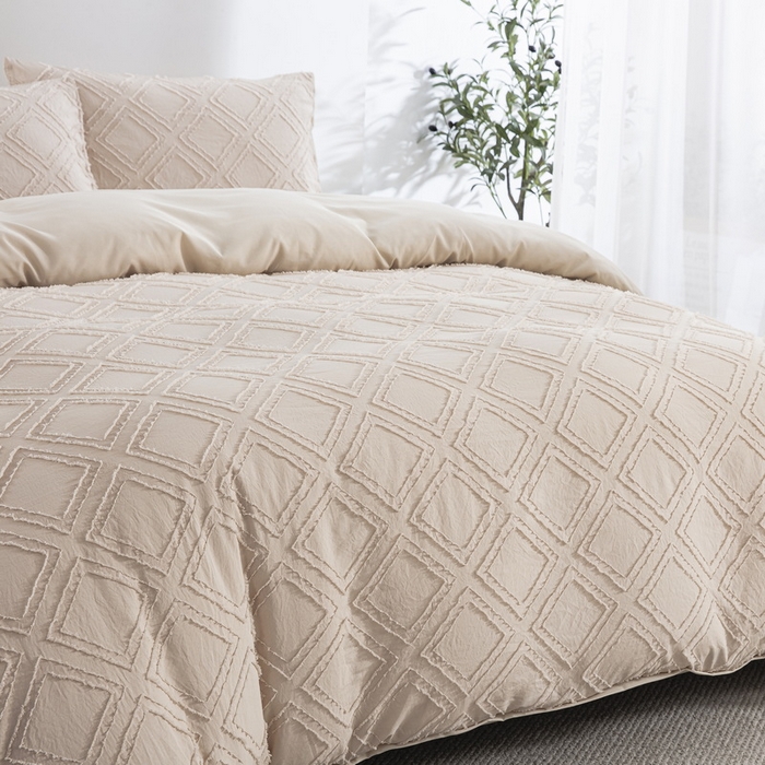 91家纺网 家纺一手货源 找家纺 子不语家纺2025新款跨境外贸 剪花簇绒纯色三件套亚马逊Temu速卖 通Shein沃尔玛专供 菱形卡其