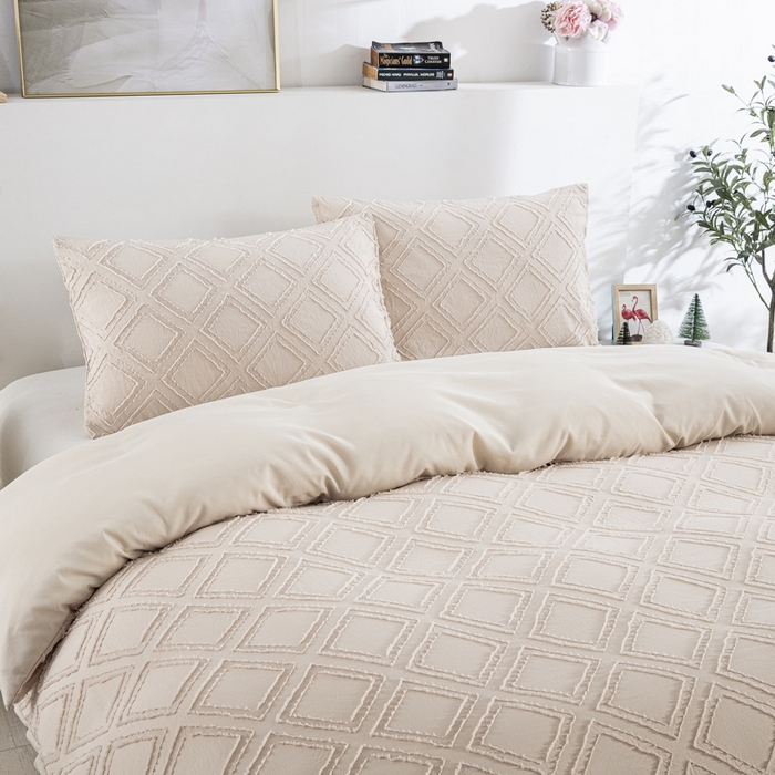 91家纺网 家纺一手货源 找家纺 子不语家纺2025新款跨境外贸 剪花簇绒纯色三件套亚马逊Temu速卖 通Shein沃尔玛专供 菱形卡其