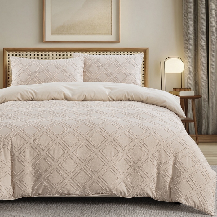 91家纺网 家纺一手货源 找家纺 子不语家纺2025新款跨境外贸 剪花簇绒纯色三件套亚马逊Temu速卖 通Shein沃尔玛专供 菱形卡其