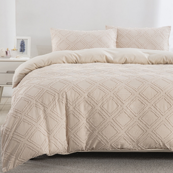 91家纺网 家纺一手货源 找家纺 子不语家纺2025新款跨境外贸 剪花簇绒纯色三件套亚马逊Temu速卖 通Shein沃尔玛专供 菱形卡其