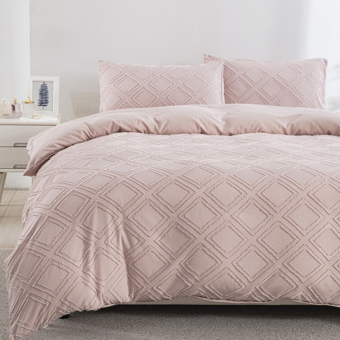 91家纺网 家纺一手货源 找家纺 子不语家纺2025新款跨境外贸 剪花簇绒纯色三件套亚马逊Temu速卖 通Shein沃尔玛专供 菱形浅粉