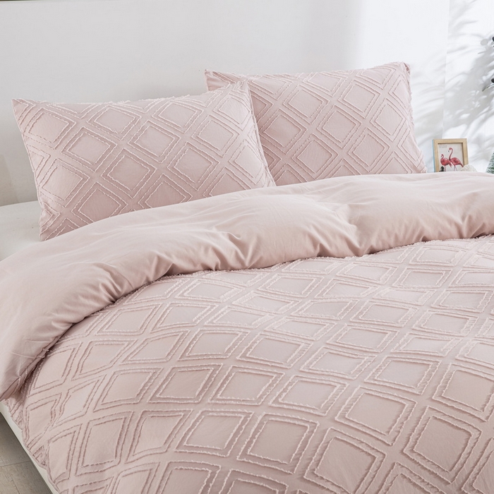 91家纺网 家纺一手货源 找家纺 子不语家纺2025新款跨境外贸 剪花簇绒纯色三件套亚马逊Temu速卖 通Shein沃尔玛专供 菱形浅粉