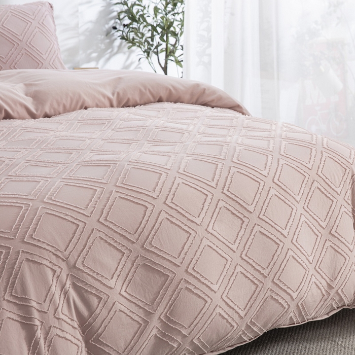 91家纺网 家纺一手货源 找家纺 子不语家纺2025新款跨境外贸 剪花簇绒纯色三件套亚马逊Temu速卖 通Shein沃尔玛专供 菱形浅粉