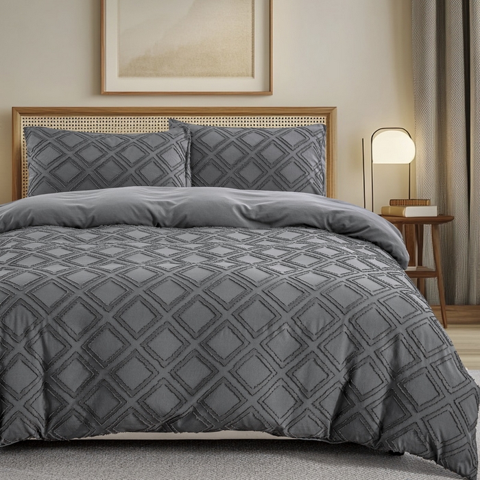 91家纺网 家纺一手货源 找家纺 子不语家纺2025新款跨境外贸 剪花簇绒纯色三件套亚马逊Temu速卖 通Shein沃尔玛专供 菱形深灰