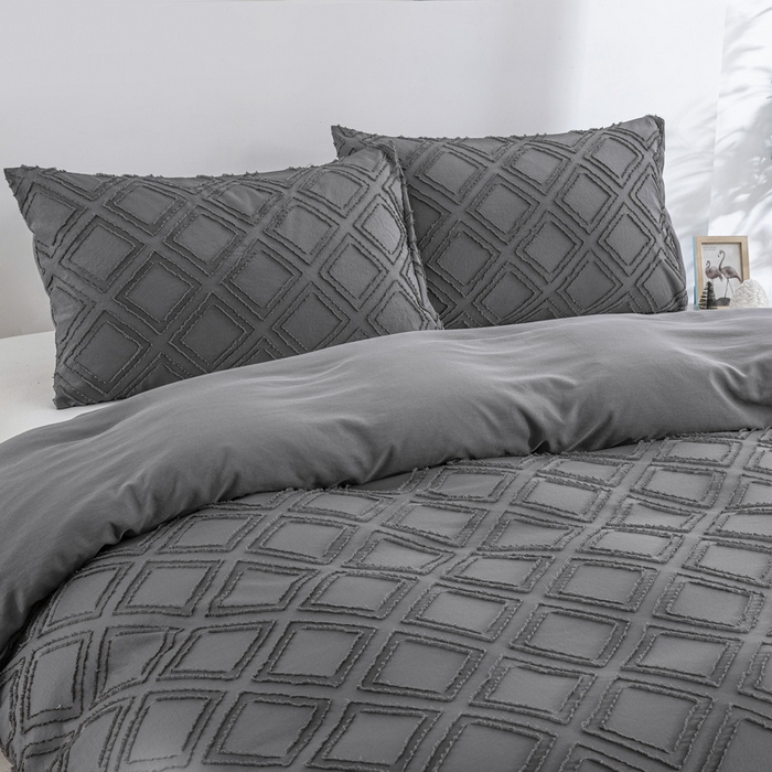 91家纺网 家纺一手货源 找家纺 子不语家纺2025新款跨境外贸 剪花簇绒纯色三件套亚马逊Temu速卖 通Shein沃尔玛专供 菱形深灰