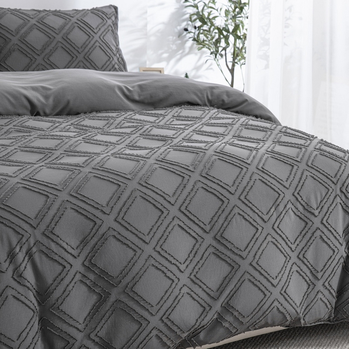 91家纺网 家纺一手货源 找家纺 子不语家纺2025新款跨境外贸 剪花簇绒纯色三件套亚马逊Temu速卖 通Shein沃尔玛专供 菱形深灰