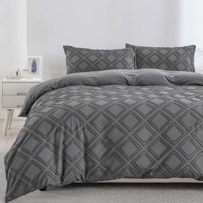 91家纺网 家纺一手货源 找家纺 子不语家纺2025新款跨境外贸 剪花簇绒纯色三件套亚马逊Temu速卖 通Shein沃尔玛专供 菱形深灰