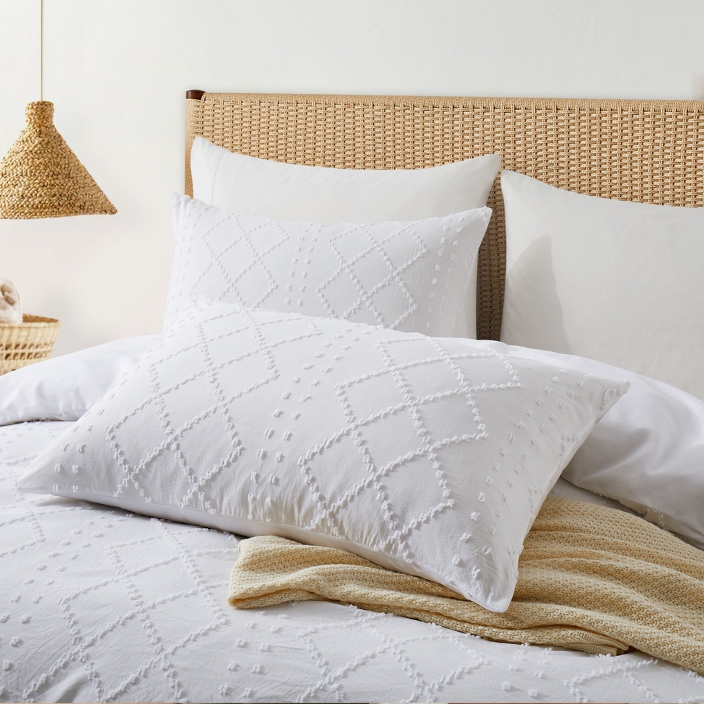 91家纺网 家纺一手货源 找家纺 子不语家纺2025新款跨境外贸 剪花簇绒纯色三件套亚马逊Temu速卖 通Shein沃尔玛专供 菱形竖条白