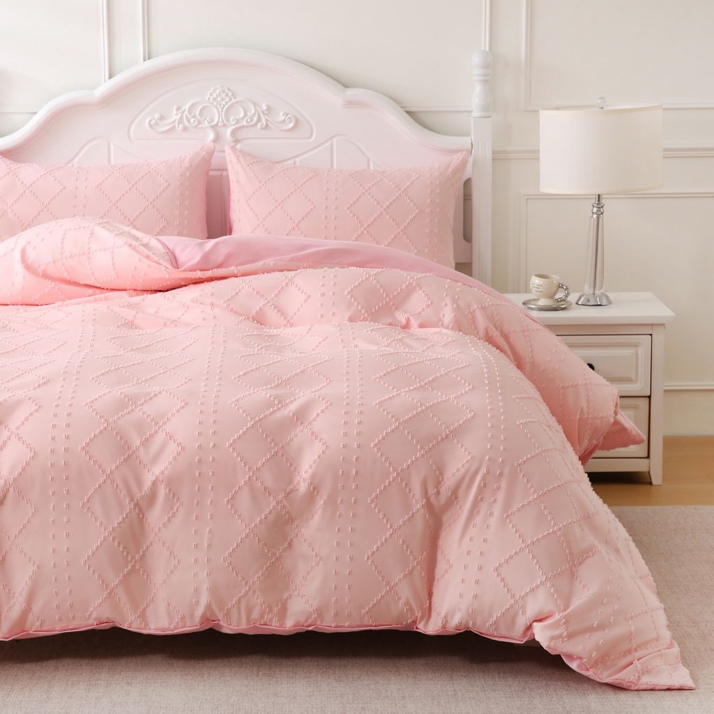 91家纺网 家纺一手货源 找家纺 子不语家纺2025新款跨境外贸 剪花簇绒纯色三件套亚马逊Temu速卖 通Shein沃尔玛专供 菱形竖条粉