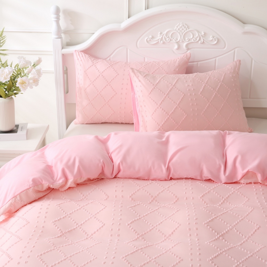 91家纺网 家纺一手货源 找家纺 子不语家纺2025新款跨境外贸 剪花簇绒纯色三件套亚马逊Temu速卖 通Shein沃尔玛专供 菱形竖条粉