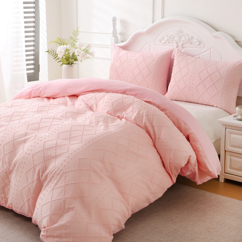 91家纺网 家纺一手货源 找家纺 子不语家纺2025新款跨境外贸 剪花簇绒纯色三件套亚马逊Temu速卖 通Shein沃尔玛专供 菱形竖条粉