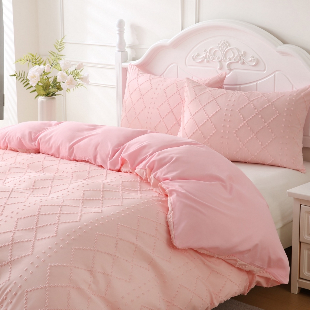 91家纺网 家纺一手货源 找家纺 子不语家纺2025新款跨境外贸 剪花簇绒纯色三件套亚马逊Temu速卖 通Shein沃尔玛专供 菱形竖条粉