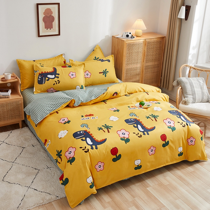 91家纺网 家纺一手货源 找家纺 简冠家纺 2024直播爆款北欧风亲肤植物羊绒磨毛四件套 呆萌龙黄