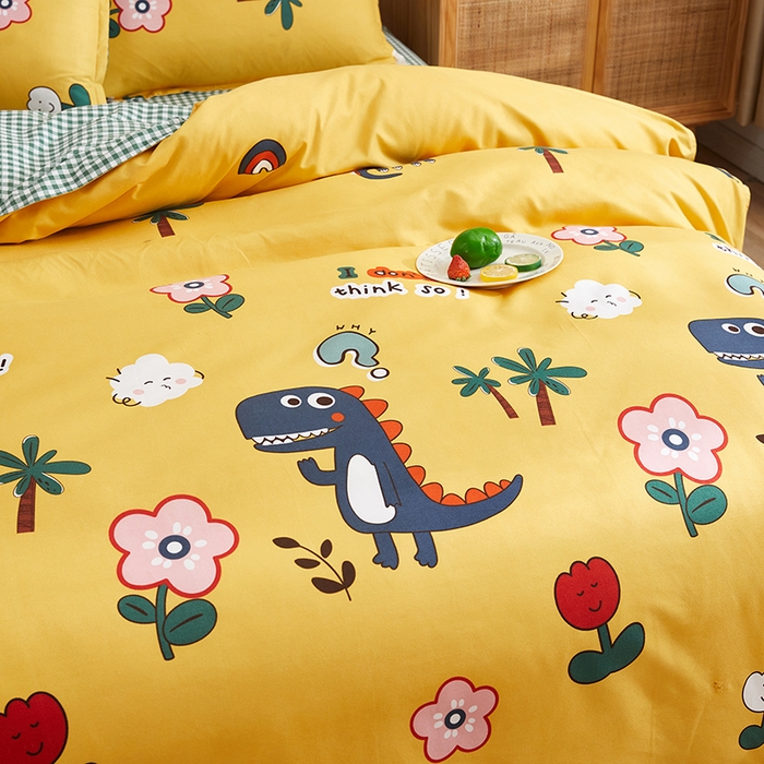 91家纺网 家纺一手货源 找家纺 简冠家纺 2024直播爆款北欧风亲肤植物羊绒磨毛四件套 呆萌龙黄