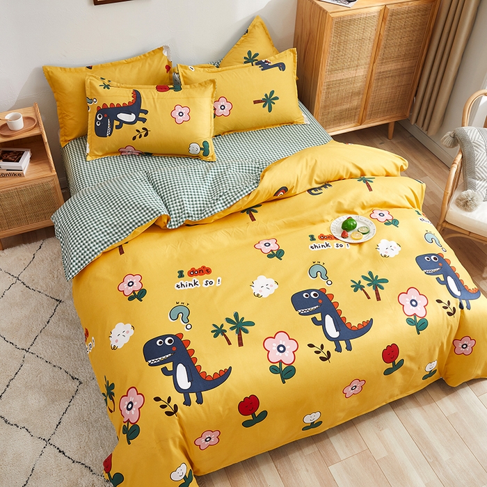 91家纺网 家纺一手货源 找家纺 简冠家纺 2024直播爆款北欧风亲肤植物羊绒磨毛四件套 呆萌龙黄