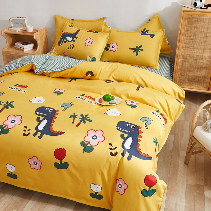 91家纺网 家纺一手货源 找家纺 简冠家纺 2024直播爆款北欧风亲肤植物羊绒磨毛四件套 呆萌龙黄