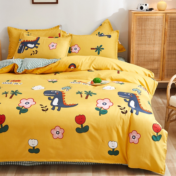 91家纺网 家纺一手货源 找家纺 简冠家纺 2024直播爆款北欧风亲肤植物羊绒磨毛四件套 呆萌龙黄