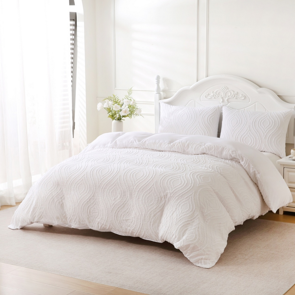 91家纺网 家纺一手货源 找家纺 子不语家纺2025新款跨境外贸 剪花簇绒纯色三件套亚马逊Temu速卖 通Shein沃尔玛专供 摩洛哥白