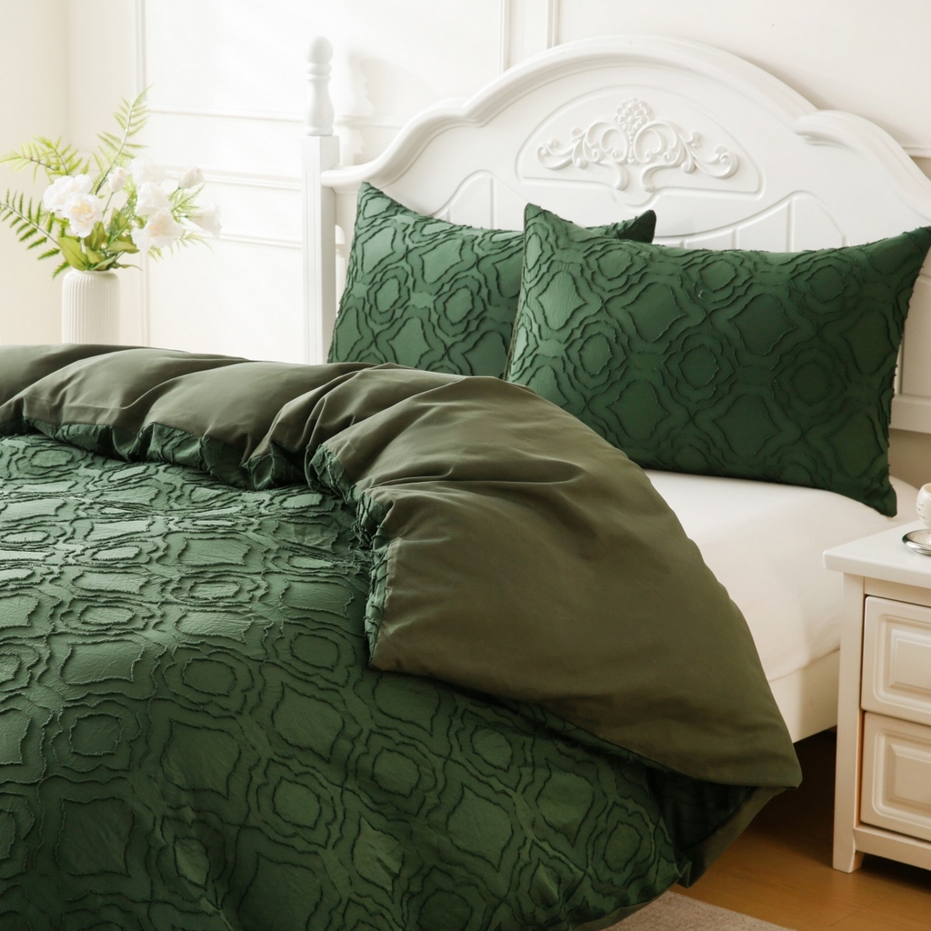 91家纺网 家纺一手货源 找家纺 子不语家纺2025新款跨境外贸 剪花簇绒纯色三件套亚马逊Temu速卖 通Shein沃尔玛专供 摩洛哥绿