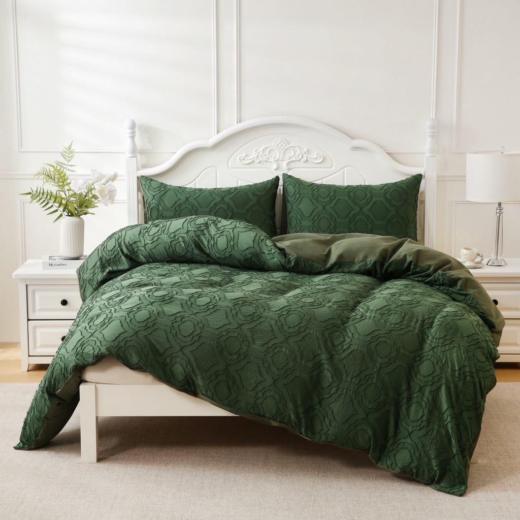 91家纺网 家纺一手货源 找家纺 子不语家纺2025新款跨境外贸 剪花簇绒纯色三件套亚马逊Temu速卖 通Shein沃尔玛专供 摩洛哥绿