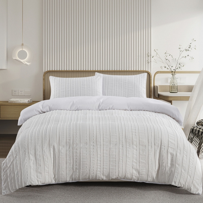 子不语家纺2025新款跨境外贸 剪花簇绒纯色三件套亚马逊Temu速卖 通Shein沃尔玛专供 竖条白