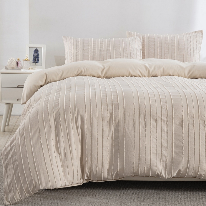 91家纺网 家纺一手货源 找家纺 子不语家纺2025新款跨境外贸 剪花簇绒纯色三件套亚马逊Temu速卖 通Shein沃尔玛专供 竖条米白色