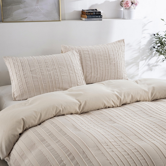 91家纺网 家纺一手货源 找家纺 子不语家纺2025新款跨境外贸 剪花簇绒纯色三件套亚马逊Temu速卖 通Shein沃尔玛专供 竖条米白色