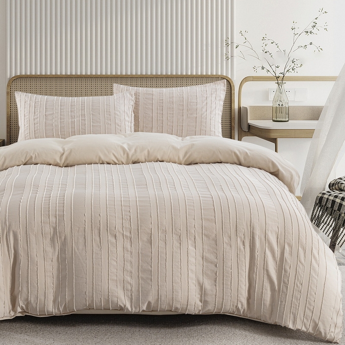 91家纺网 家纺一手货源 找家纺 子不语家纺2025新款跨境外贸 剪花簇绒纯色三件套亚马逊Temu速卖 通Shein沃尔玛专供 竖条米白色