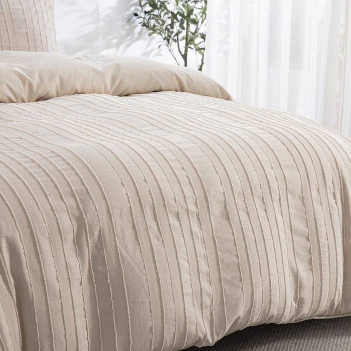 91家纺网 家纺一手货源 找家纺 子不语家纺2025新款跨境外贸 剪花簇绒纯色三件套亚马逊Temu速卖 通Shein沃尔玛专供 竖条米白色