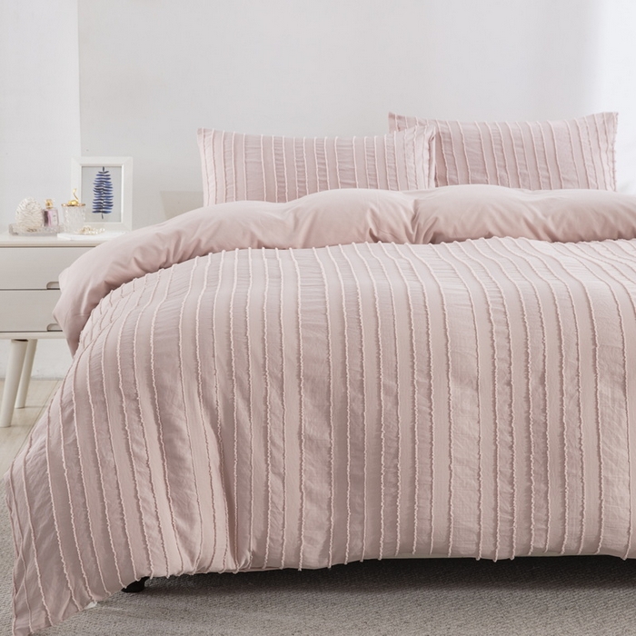 91家纺网 家纺一手货源 找家纺 子不语家纺2025新款跨境外贸 剪花簇绒纯色三件套亚马逊Temu速卖 通Shein沃尔玛专供 竖条浅粉