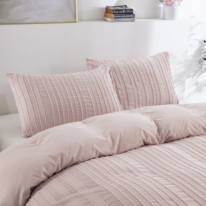 91家纺网 家纺一手货源 找家纺 子不语家纺2025新款跨境外贸 剪花簇绒纯色三件套亚马逊Temu速卖 通Shein沃尔玛专供 竖条浅粉