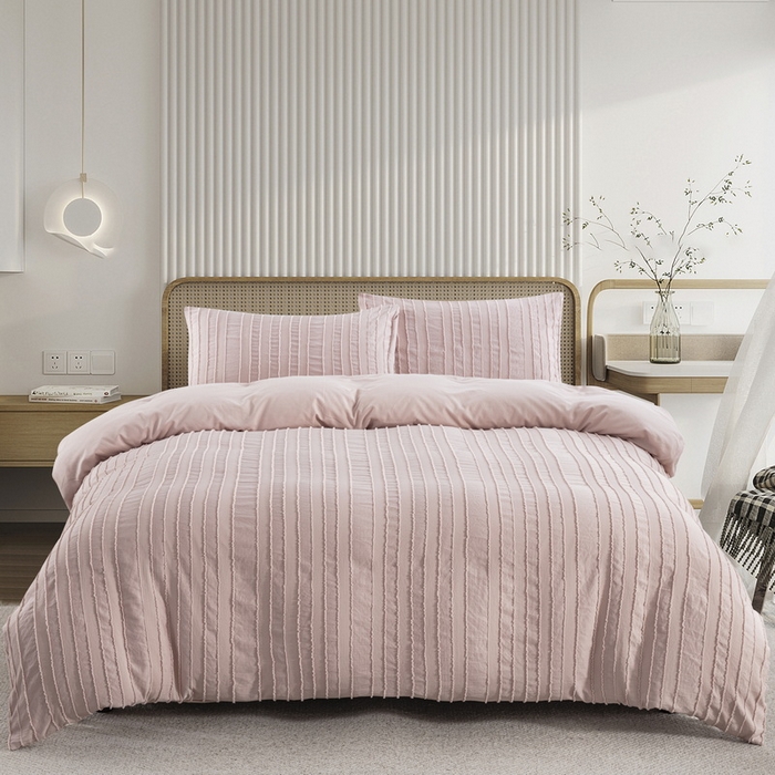 子不语家纺2025新款跨境外贸 剪花簇绒纯色三件套亚马逊Temu速卖 通Shein沃尔玛专供 竖条浅粉