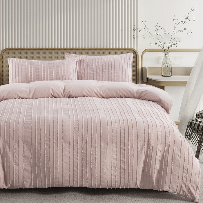 91家纺网 家纺一手货源 找家纺 子不语家纺2025新款跨境外贸 剪花簇绒纯色三件套亚马逊Temu速卖 通Shein沃尔玛专供 竖条浅粉