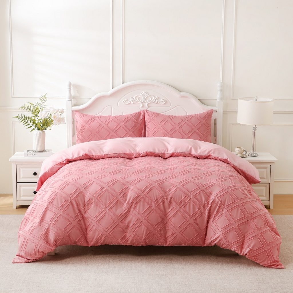 91家纺网 家纺一手货源 找家纺 子不语家纺2025新款跨境外贸 剪花簇绒纯色三件套亚马逊Temu速卖 通Shein沃尔玛专供 菱形粉