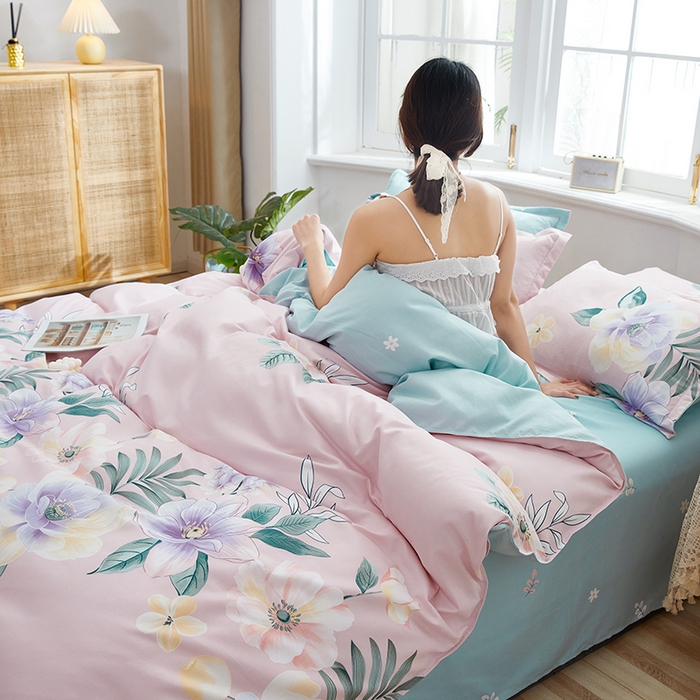 91家纺网 家纺一手货源 找家纺 简冠家纺 2023直播爆款北欧风亲肤植物羊绒磨毛四件套 花美夺艳-粉